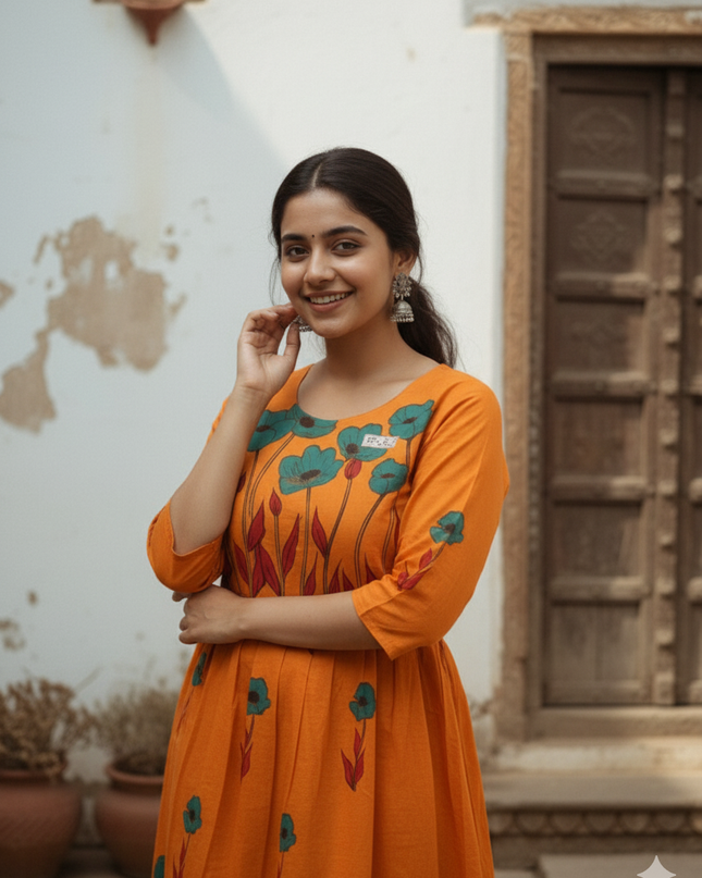 Orange Floral Printed Cotton Frock for Women – Casual Wear | Bhavana Handlooms