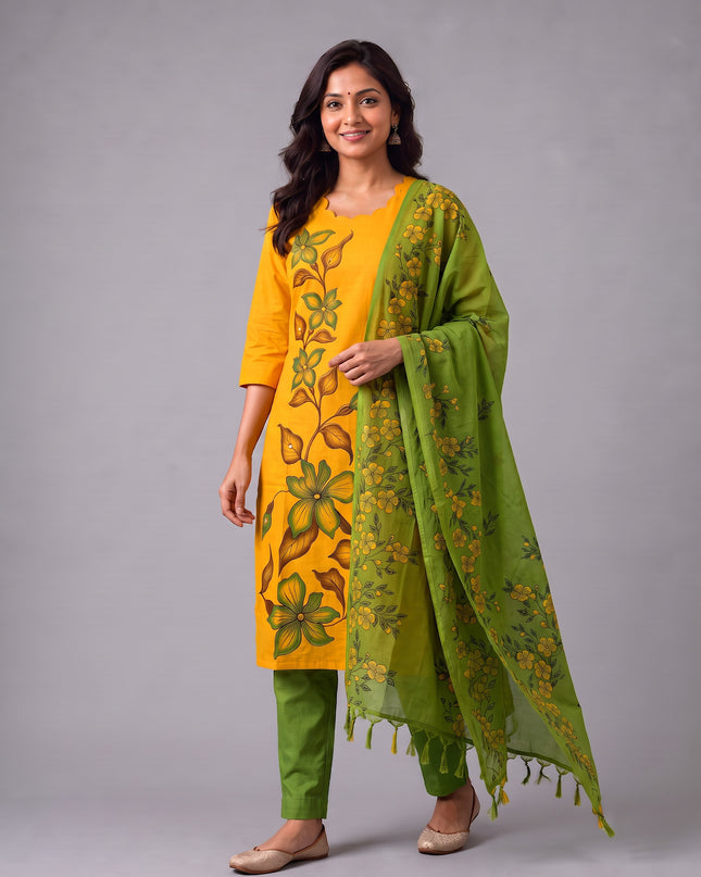 Premium Floral Design Mustard Yellow Cotton 3PC Kurti Set with Mirror Finishing | Knots Bottom, Olive Green Printed Dupatta | Ready to Wear