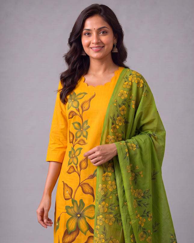 Premium Floral Design Mustard Yellow Cotton 3PC Kurti Set with Mirror Finishing | Knots Bottom, Olive Green Printed Dupatta | Ready to Wear