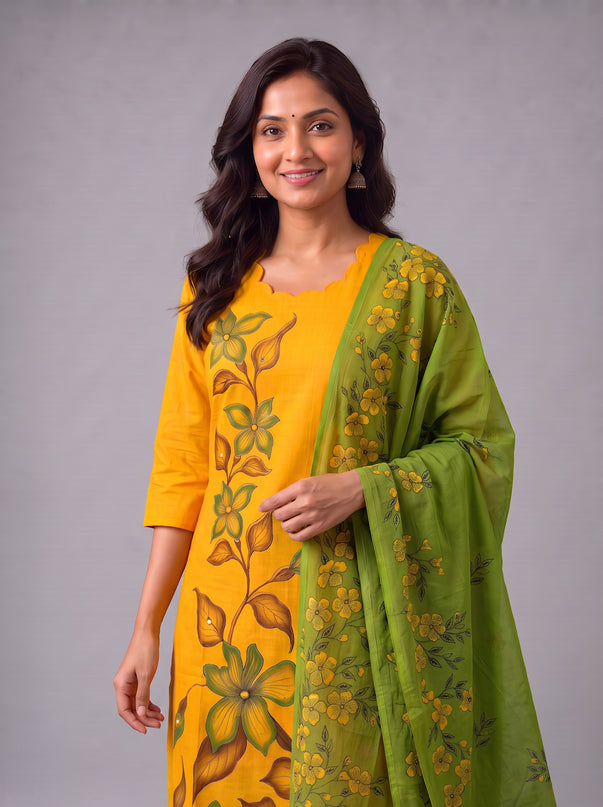 Premium Floral Design Mustard Yellow Cotton 3PC Kurti Set with Mirror Finishing | Knots Bottom, Olive Green Printed Dupatta | Ready to Wear
