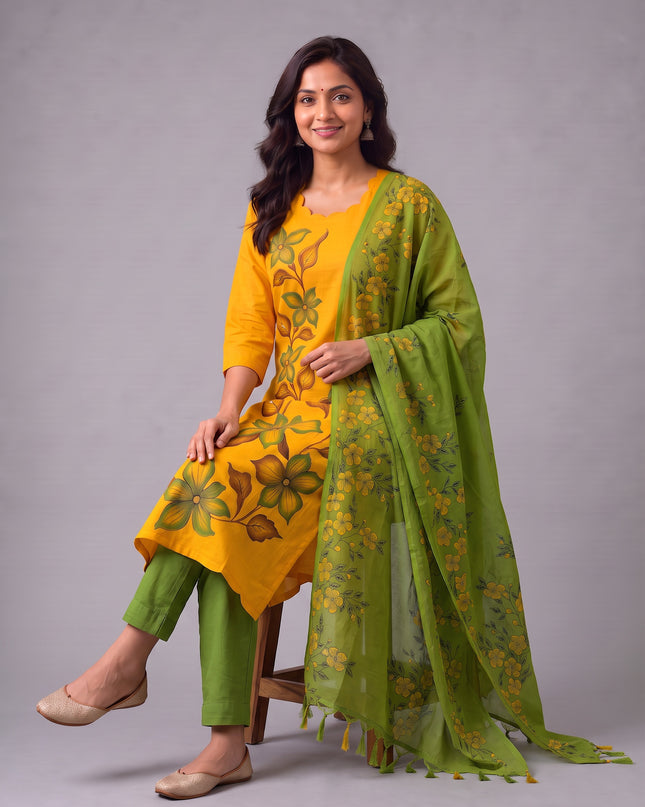 Premium Floral Design Mustard Yellow Cotton 3PC Kurti Set with Mirror Finishing | Knots Bottom, Olive Green Printed Dupatta | Ready to Wear