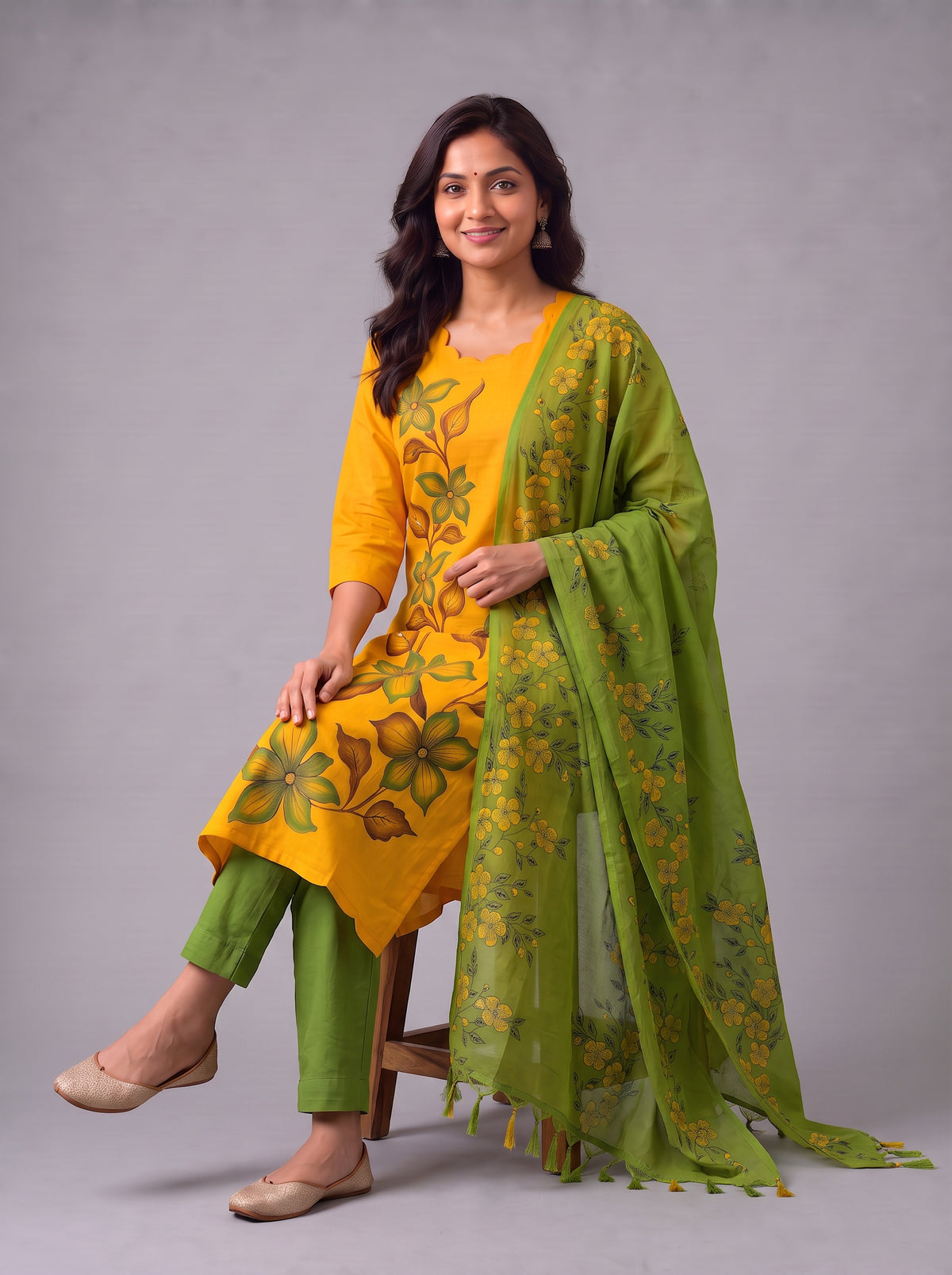 Premium Floral Design Mustard Yellow Cotton 3PC Kurti Set with Mirror Finishing | Knots Bottom, Olive Green Printed Dupatta | Ready to Wear