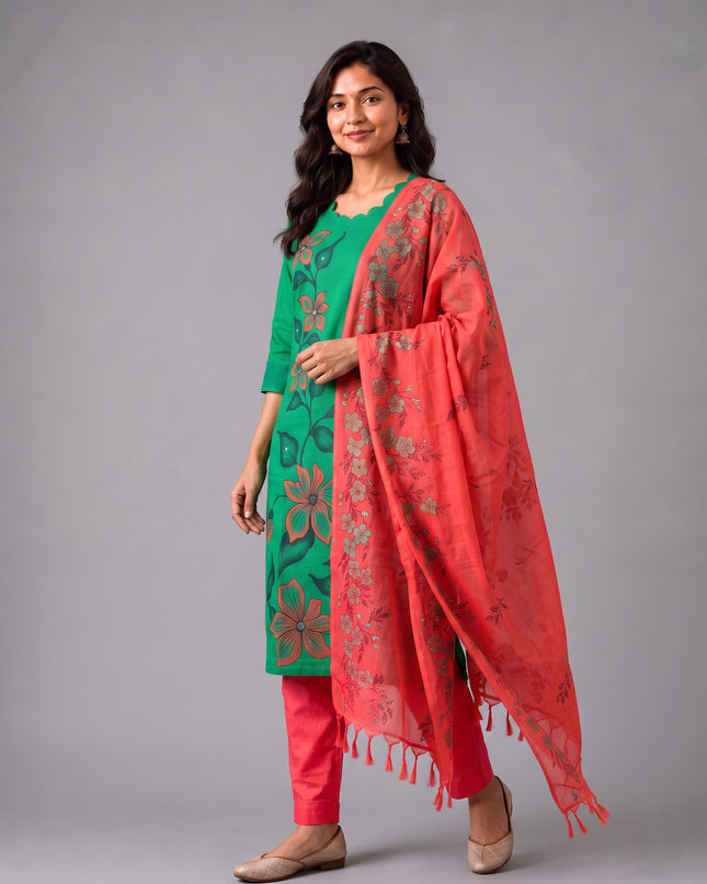 Premium Floral Design Emerald Green Cotton 3PC Kurti Set with Mirror Finishing | Knots Bottom, Coral Pink Printed Dupatta | Ready to Wear