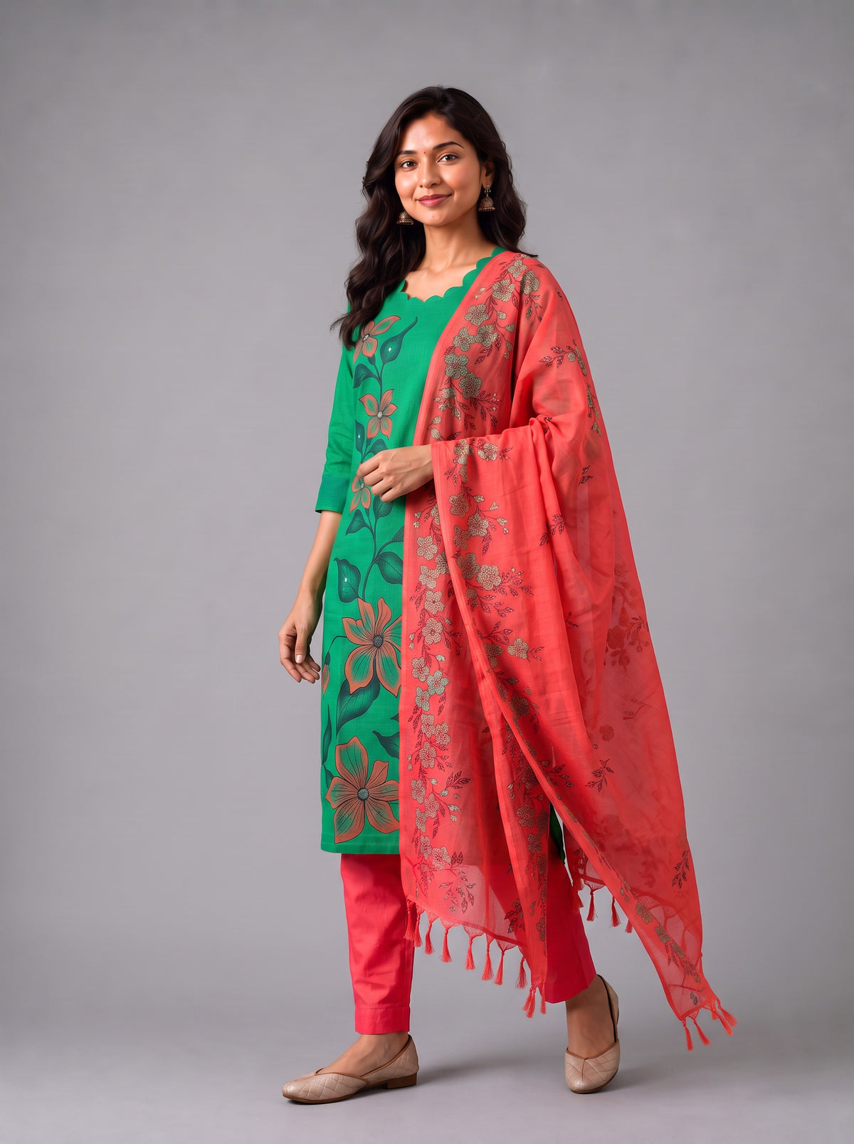 Premium Floral Design Emerald Green Cotton 3PC Kurti Set with Mirror Finishing | Knots Bottom, Coral Pink Printed Dupatta | Ready to Wear