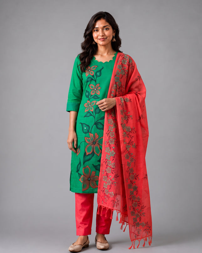 Premium Floral Design Emerald Green Cotton 3PC Kurti Set with Mirror Finishing | Knots Bottom, Coral Pink Printed Dupatta | Ready to Wear
