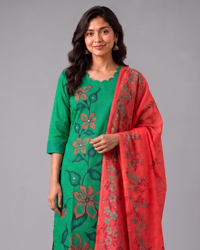 Premium Floral Design Emerald Green Cotton 3PC Kurti Set with Mirror Finishing | Knots Bottom, Coral Pink Printed Dupatta | Ready to Wear