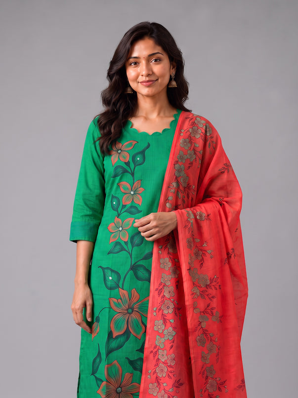 Premium Floral Design Emerald Green Cotton 3PC Kurti Set with Mirror Finishing | Knots Bottom, Coral Pink Printed Dupatta | Ready to Wear