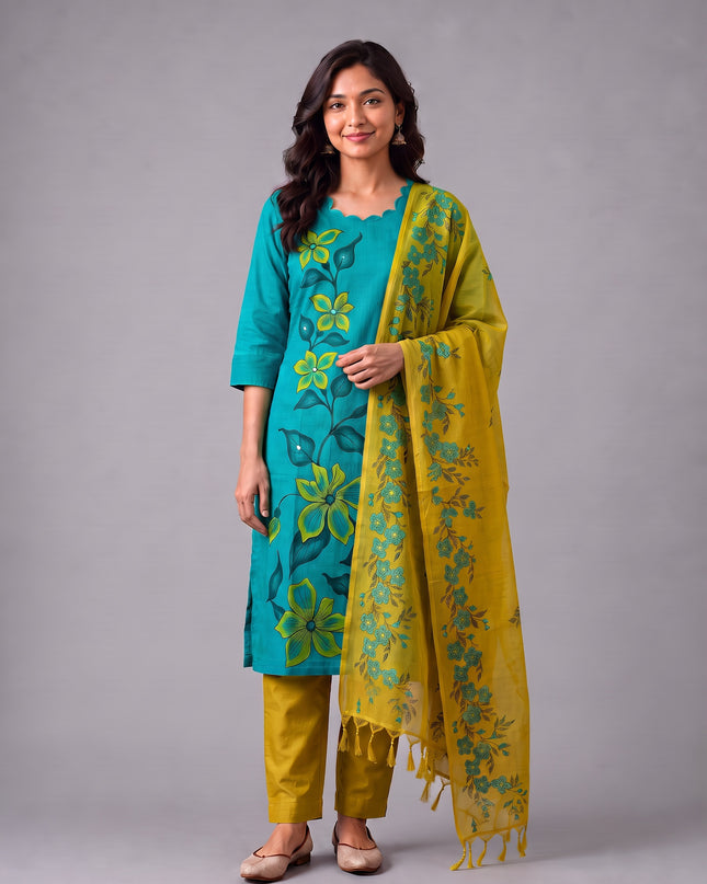 Premium Floral Design Turquoise Blue Cotton 3PC Kurti Set with Mirror Finishing | Knots Bottom, Mustard Yellow Printed Dupatta | Ready to Wear