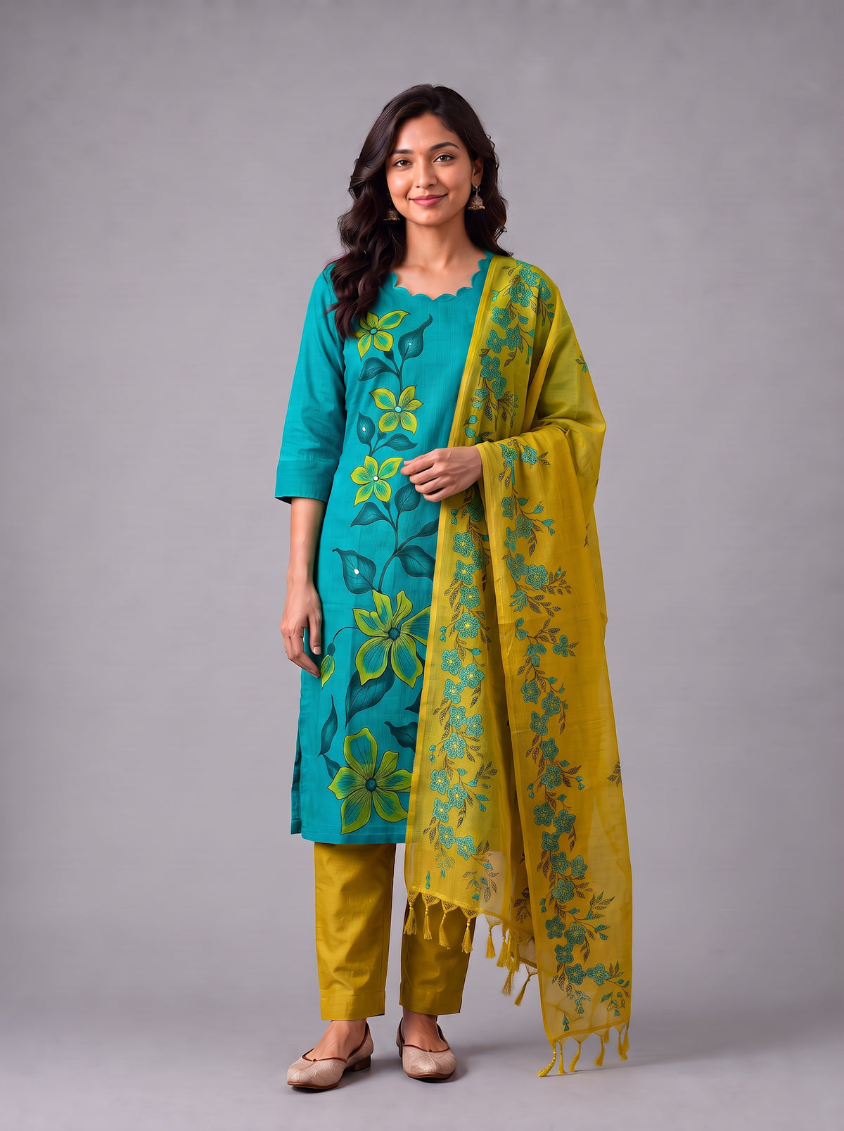Premium Floral Design Turquoise Blue Cotton 3PC Kurti Set with Mirror Finishing | Knots Bottom, Mustard Yellow Printed Dupatta | Ready to Wear