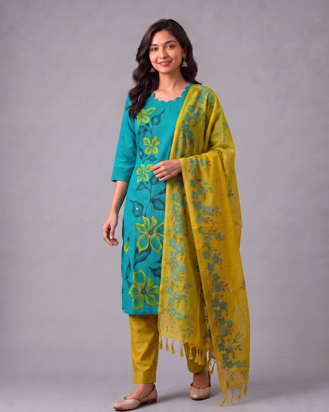 Premium Floral Design Turquoise Blue Cotton 3PC Kurti Set with Mirror Finishing | Knots Bottom, Mustard Yellow Printed Dupatta | Ready to Wear