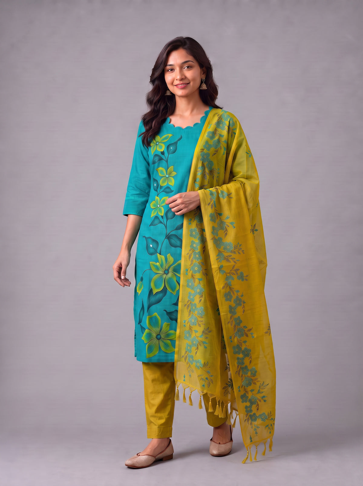 Premium Floral Design Turquoise Blue Cotton 3PC Kurti Set with Mirror Finishing | Knots Bottom, Mustard Yellow Printed Dupatta | Ready to Wear