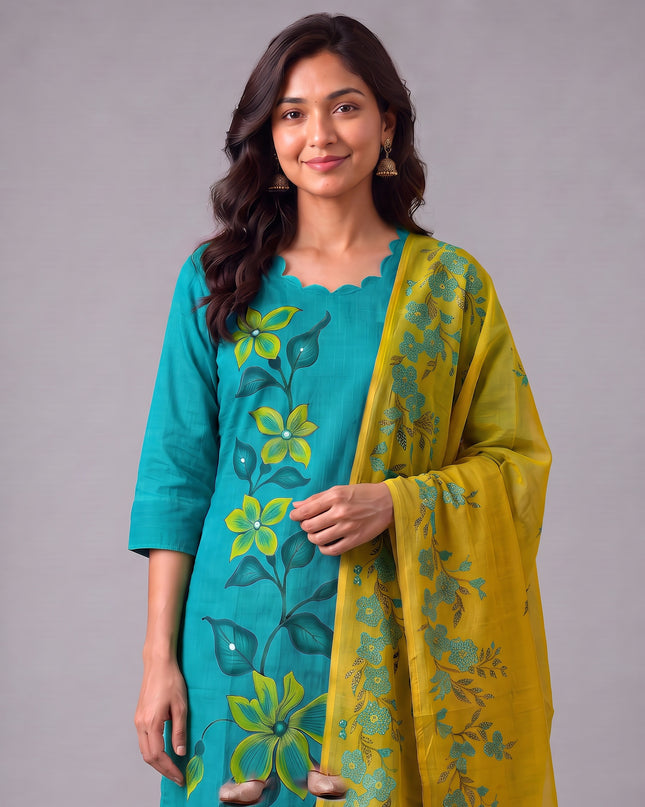Premium Floral Design Turquoise Blue Cotton 3PC Kurti Set with Mirror Finishing | Knots Bottom, Mustard Yellow Printed Dupatta | Ready to Wear