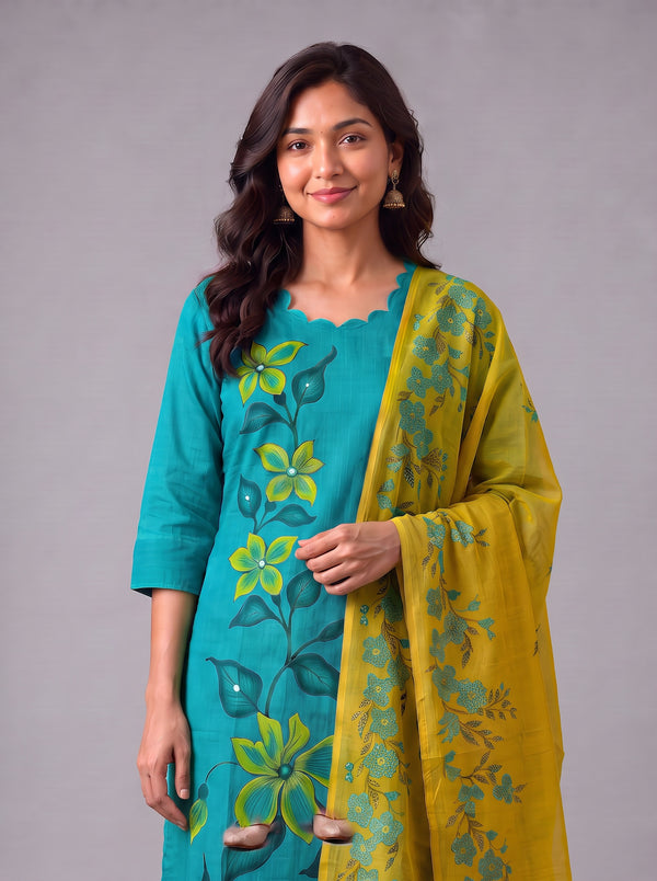 Premium Floral Design Turquoise Blue Cotton 3PC Kurti Set with Mirror Finishing | Knots Bottom, Mustard Yellow Printed Dupatta | Ready to Wear