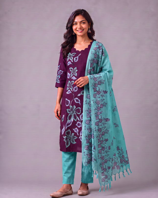 Premium Floral Design Deep Wine Purple Cotton 3PC Kurti Set with Mirror Finishing | Knots Bottom, Pastel Mint Green Printed Dupatta | Ready to Wear