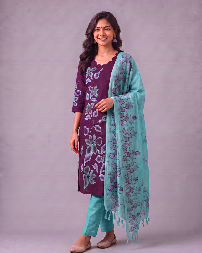 Premium Floral Design Deep Wine Purple Cotton 3PC Kurti Set with Mirror Finishing | Knots Bottom, Pastel Mint Green Printed Dupatta | Ready to Wear