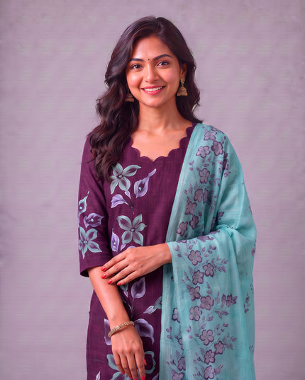 Premium Floral Design Deep Wine Purple Cotton 3PC Kurti Set with Mirror Finishing | Knots Bottom, Pastel Mint Green Printed Dupatta | Ready to Wear