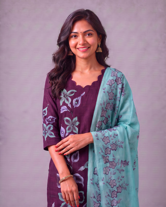 Premium Floral Design Deep Wine Purple Cotton 3PC Kurti Set with Mirror Finishing | Knots Bottom, Pastel Mint Green Printed Dupatta | Ready to Wear