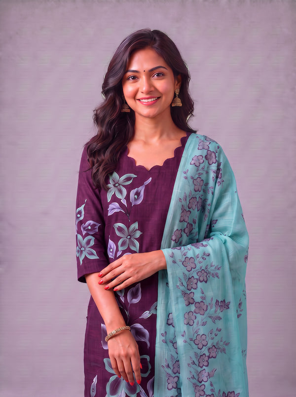 Premium Floral Design Deep Wine Purple Cotton 3PC Kurti Set with Mirror Finishing | Knots Bottom, Pastel Mint Green Printed Dupatta | Ready to Wear