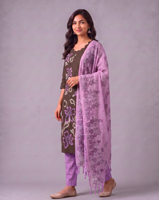 Premium Floral Design Coffee Brown Cotton 3PC Kurti Set with Mirror Finishing | Knots Bottom, Lavender Purple Printed Dupatta | Ready to Wear