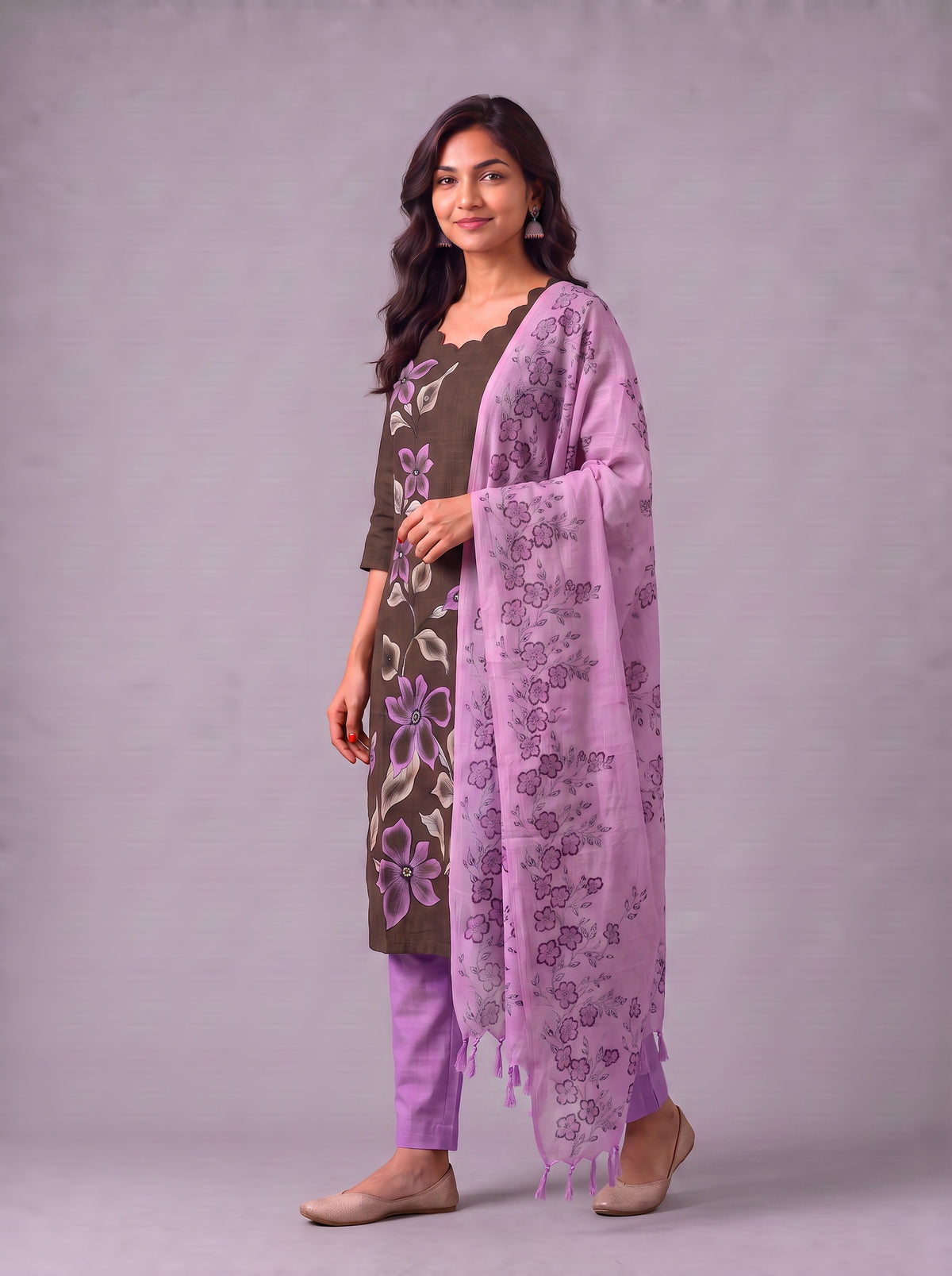 Premium Floral Design Coffee Brown Cotton 3PC Kurti Set with Mirror Finishing | Knots Bottom, Lavender Purple Printed Dupatta | Ready to Wear