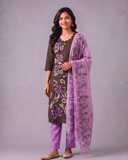 Premium Floral Design Coffee Brown Cotton 3PC Kurti Set with Mirror Finishing | Knots Bottom, Lavender Purple Printed Dupatta | Ready to Wear