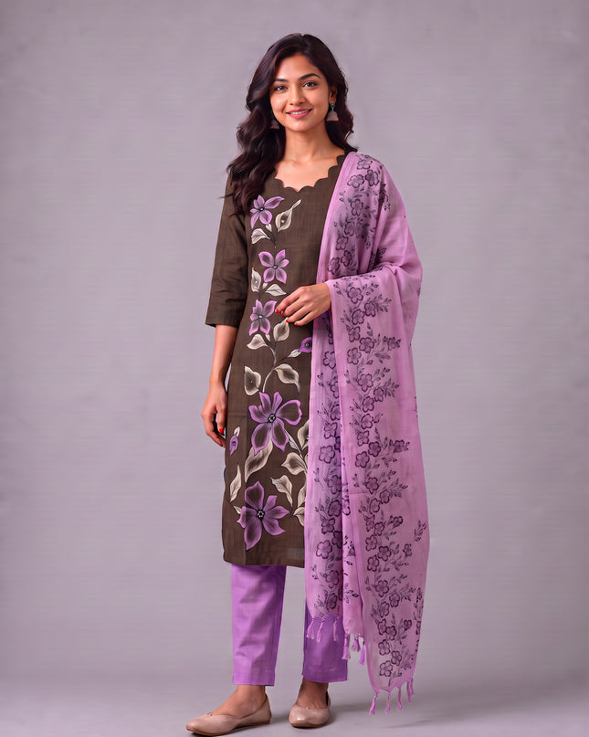 Premium Floral Design Coffee Brown Cotton 3PC Kurti Set with Mirror Finishing | Knots Bottom, Lavender Purple Printed Dupatta | Ready to Wear