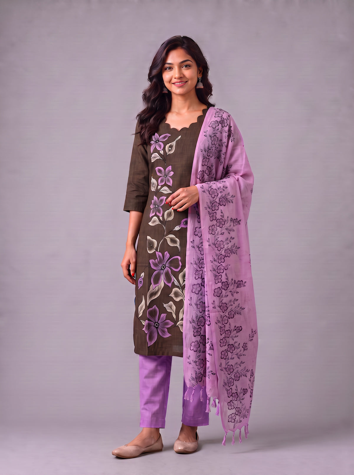 Premium Floral Design Coffee Brown Cotton 3PC Kurti Set with Mirror Finishing | Knots Bottom, Lavender Purple Printed Dupatta | Ready to Wear