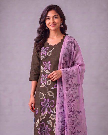 Premium Floral Design Coffee Brown Cotton 3PC Kurti Set with Mirror Finishing | Knots Bottom, Lavender Purple Printed Dupatta | Ready to Wear