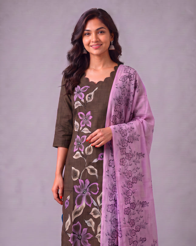 Premium Floral Design Coffee Brown Cotton 3PC Kurti Set with Mirror Finishing | Knots Bottom, Lavender Purple Printed Dupatta | Ready to Wear