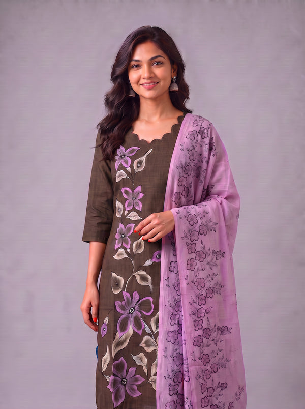 Premium Floral Design Coffee Brown Cotton 3PC Kurti Set with Mirror Finishing | Knots Bottom, Lavender Purple Printed Dupatta | Ready to Wear