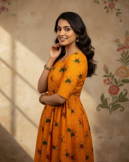 Orange Floral Printed Cotton Frock for Women – Casual Wear | Bhavana Handlooms