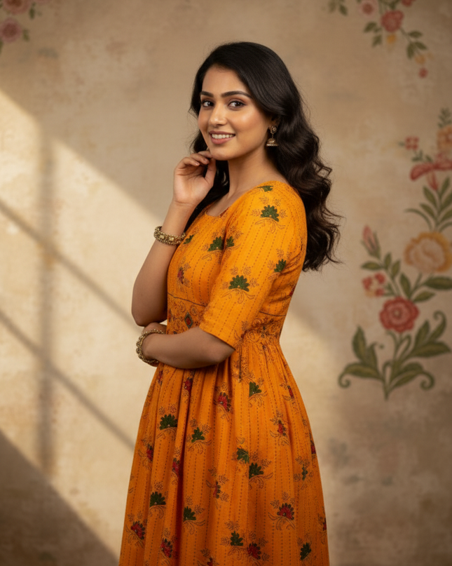 Orange Floral Printed Cotton Frock for Women – Casual Wear | Bhavana Handlooms