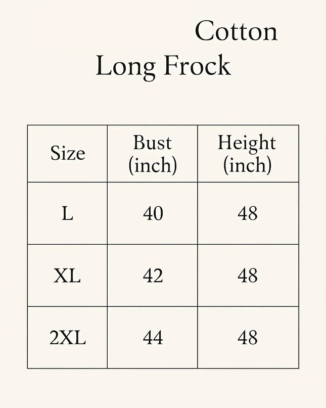 Size chart for Cotton Long Frock with bust and height measurements.
