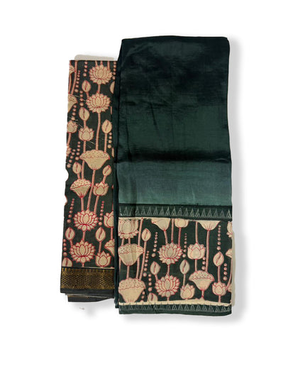 Premium Mangalagiri Semi Pattu 2PC Dress Material in Deep Bottle Green with Lotus Floral Print | Elegant Traditional Wear Fabric Set