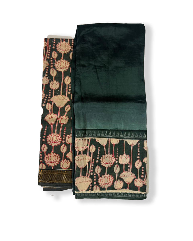 Premium Mangalagiri Semi Pattu 2PC Dress Material in Deep Bottle Green with Lotus Floral Print | Elegant Traditional Wear Fabric Set