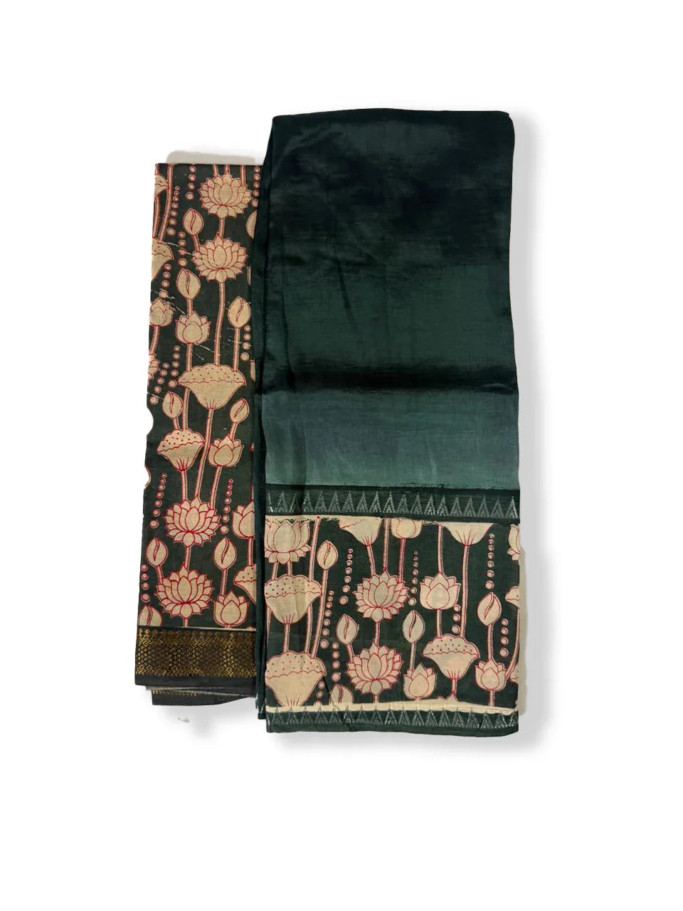 Premium Mangalagiri Semi Pattu 2PC Dress Material in Deep Bottle Green with Lotus Floral Print | Elegant Traditional Wear Fabric Set