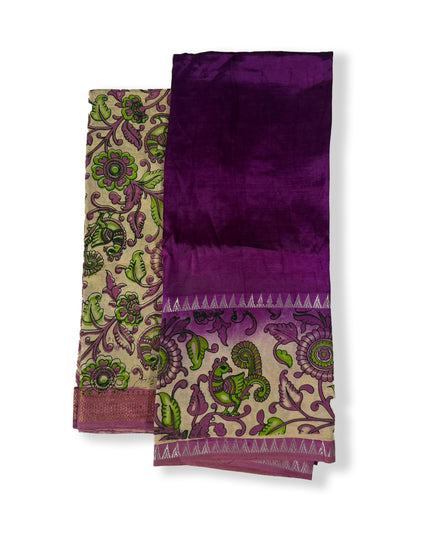 Premium Mangalagiri Semi Pattu 2PC Dress Material in Deep Purple with Floral Print | Elegant Traditional Wear Fabric Set