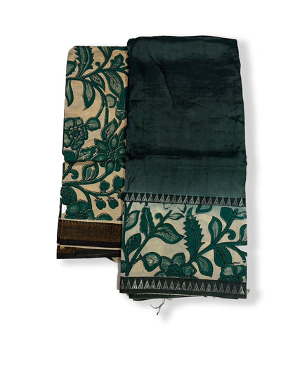 Premium Mangalagiri Semi Pattu 2PC Dress Material in Deep Bottle Green with Floral Print | Elegant Traditional Wear Fabric Set