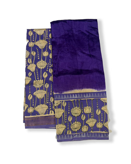 Premium Mangalagiri Semi Pattu 2PC Dress Material in Royal Blue with Lotus Floral Print | Elegant Traditional Wear Fabric Set