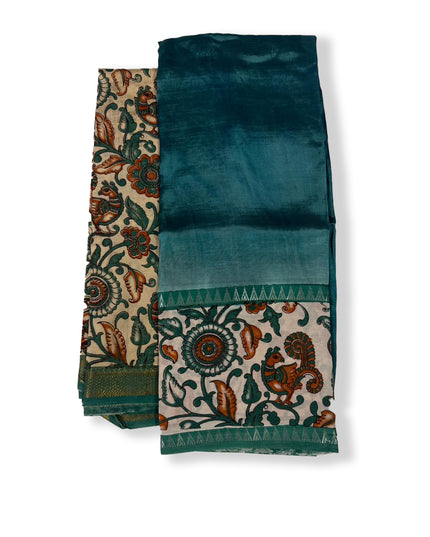 Premium Mangalagiri Semi Pattu 2PC Dress Material in Peacock Green with Traditional Kalamkari Print | Elegant Ethnic Wear Fabric Set