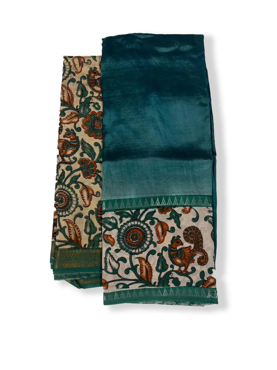 Premium Mangalagiri Semi Pattu 2PC Dress Material in Peacock Green with Traditional Kalamkari Print | Elegant Ethnic Wear Fabric Set