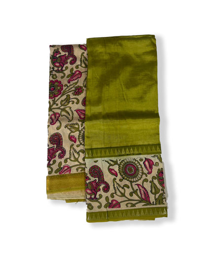 Premium Mangalagiri Semi Pattu 2PC Dress Material in Olive Green with Traditional Kalamkari Print | Elegant Ethnic Wear Fabric Set