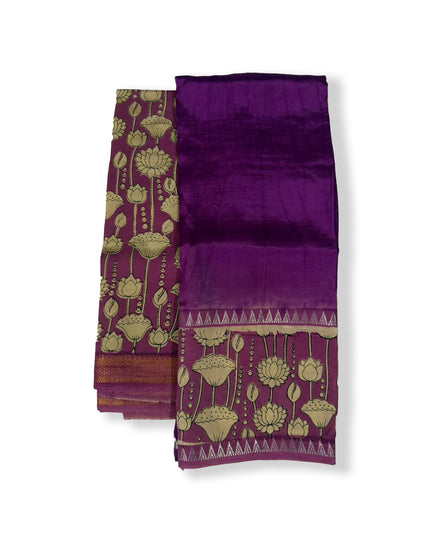 Premium Mangalagiri Semi Pattu 2PC Dress Material in Magenta Purple with Lotus Floral Print | Elegant Traditional Wear Fabric Set