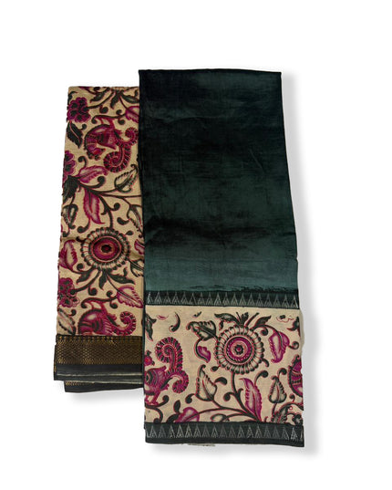 Premium Mangalagiri Semi Pattu 2PC Dress Material in Deep Bottle Green with Magenta Kalamkari Print | Elegant Ethnic Wear Fabric Set