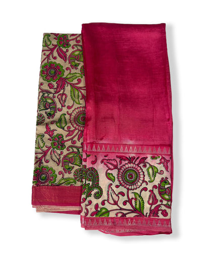 Premium Mangalagiri Semi Pattu 2PC Dress Material in Rani Pink with Traditional Kalamkari Print | Elegant Ethnic Wear Fabric Set
