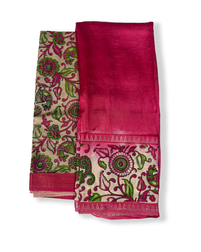 Premium Mangalagiri Semi Pattu 2PC Dress Material in Rani Pink with Traditional Kalamkari Print | Elegant Ethnic Wear Fabric Set