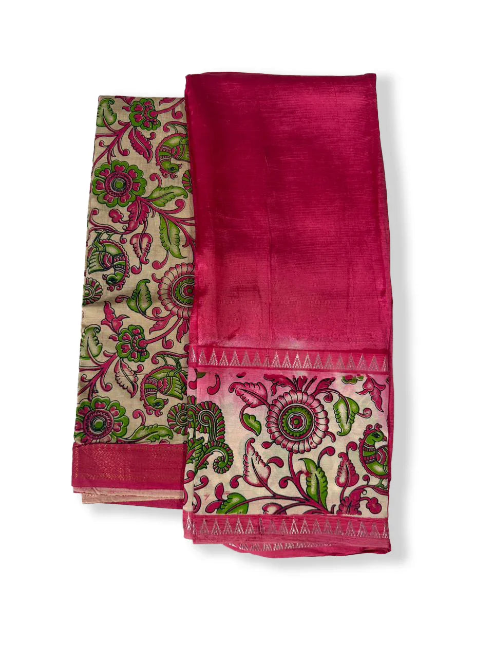 Premium Mangalagiri Semi Pattu 2PC Dress Material in Rani Pink with Traditional Kalamkari Print | Elegant Ethnic Wear Fabric Set
