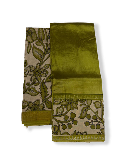 Premium Mangalagiri Semi Pattu 2PC Dress Material in Olive Green with Traditional Floral Print | Elegant Ethnic Wear Fabric Set