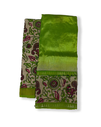 Premium Mangalagiri Semi Pattu 2PC Dress Material in Parrot Green with Traditional Kalamkari Print | Elegant Ethnic Wear Fabric Set