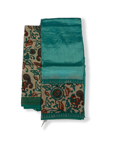 Premium Mangalagiri Semi Pattu 2PC Dress Material in Aqua Blue with Traditional Kalamkari Print | Elegant Ethnic Wear Fabric Set